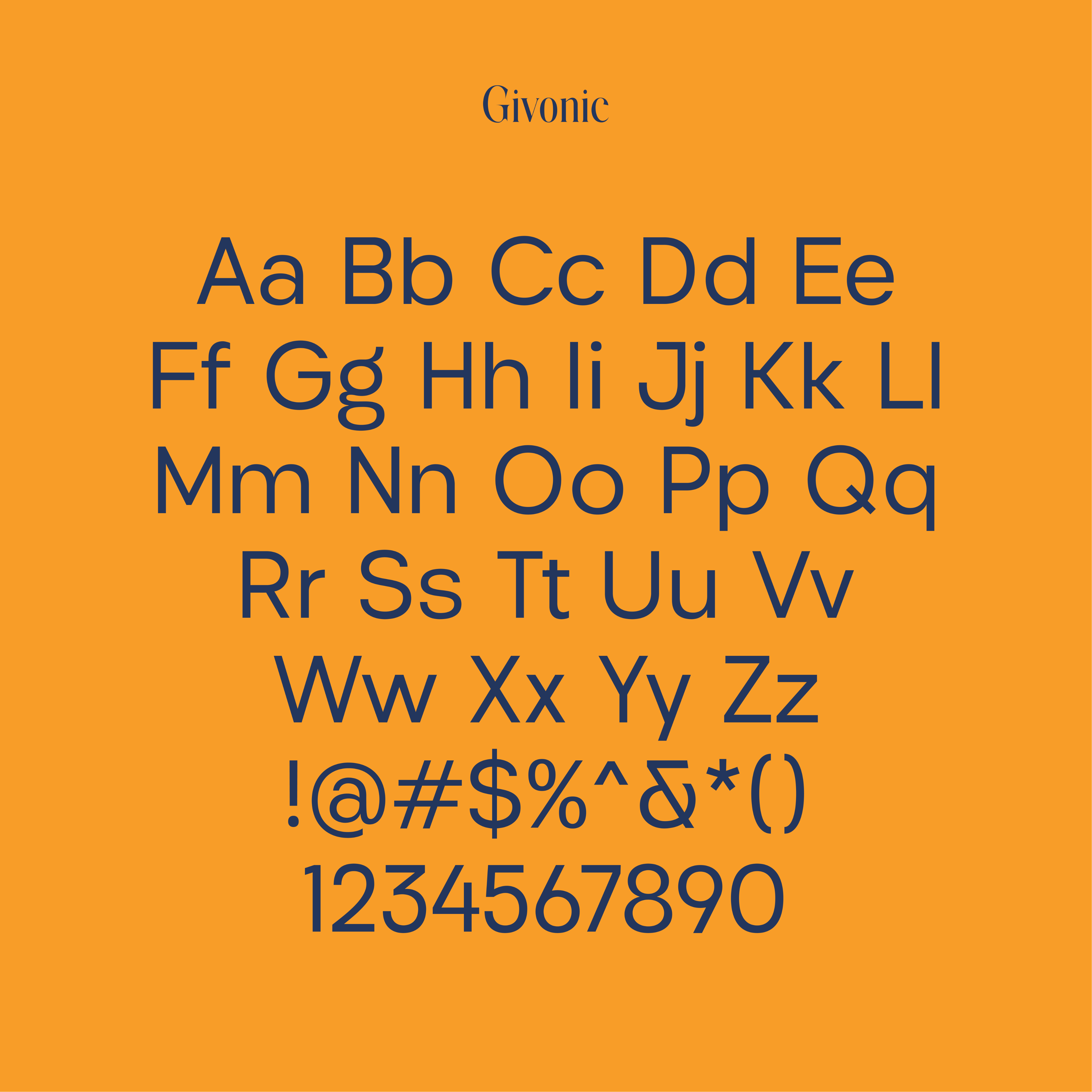 Graphic of a typography specimen showing the alphabet and numerals on top of a dark gray background.