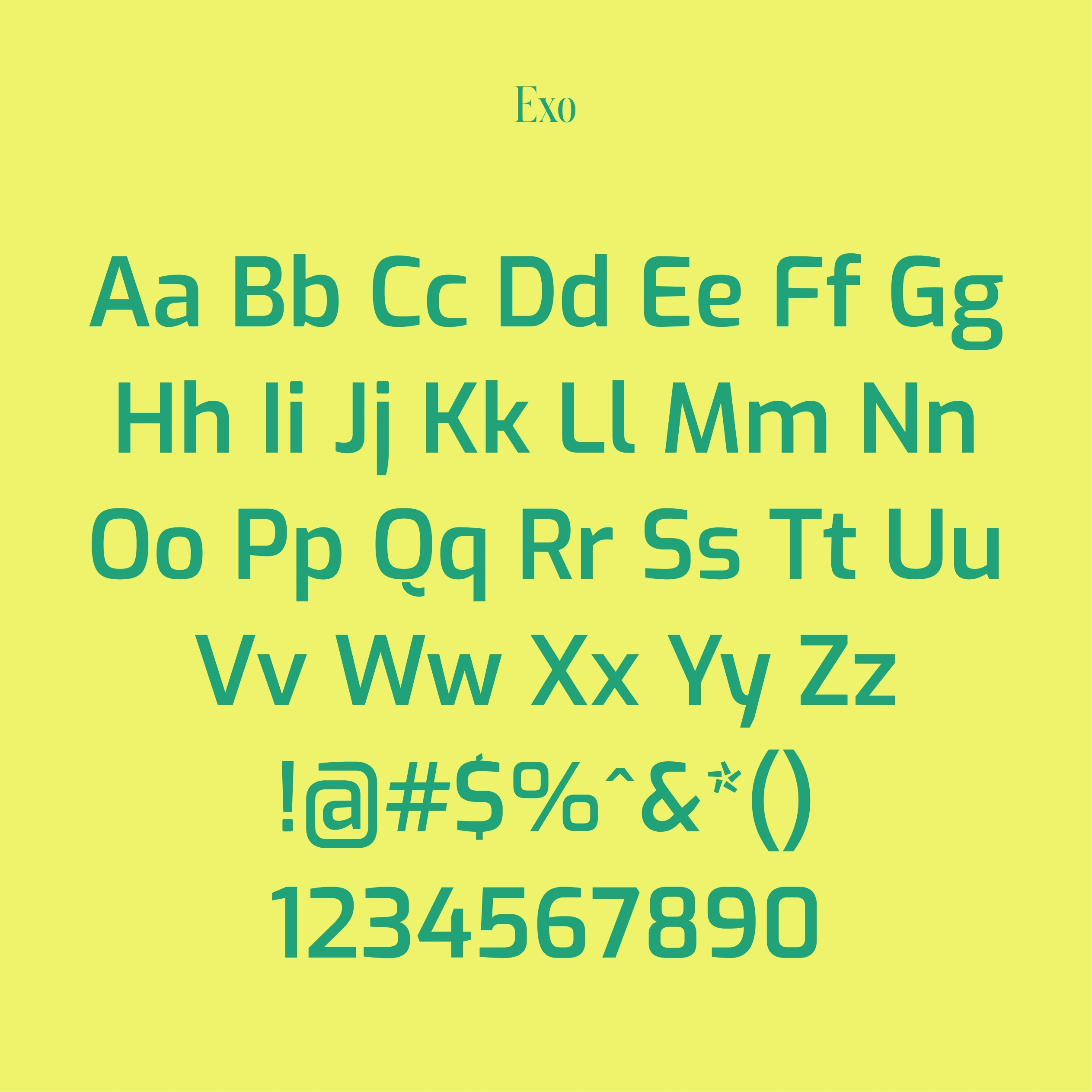 Graphic of a typography specimen showing the alphabet and numerals on top of a dark gray background.